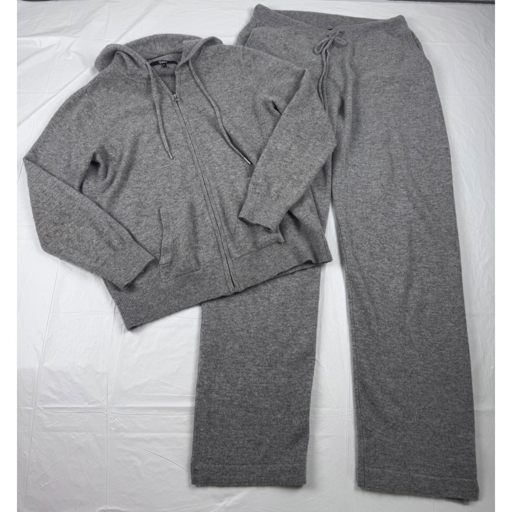 Quince Women Gray 100% Cashmere Zip Hoodie & Wide Leg Pants Lounge Set Size L